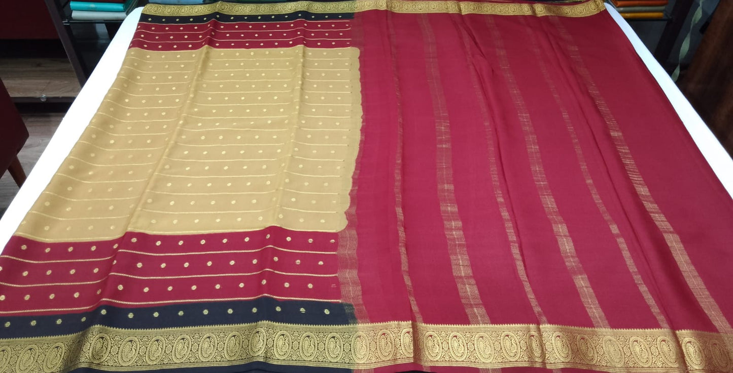 Pure Mysore Silk Saree in Beige Gold & Deep Rose Pink with Zari Buttas and Peacock Border