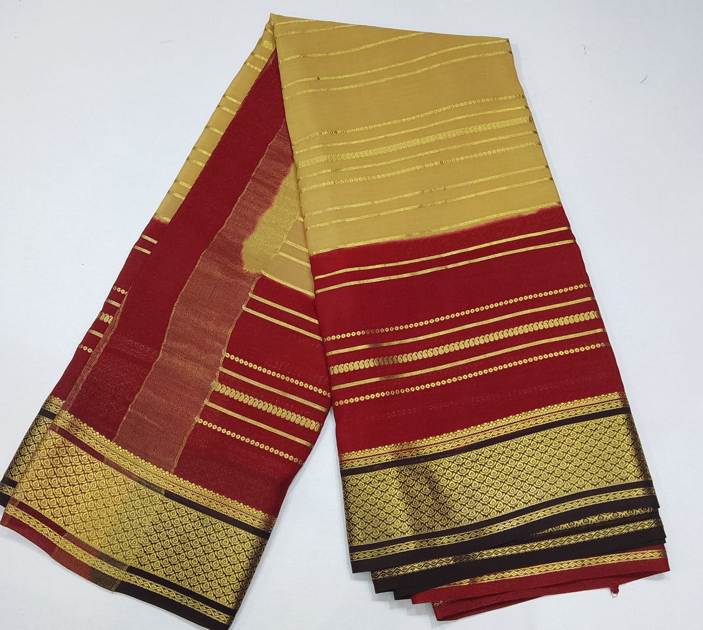 Pure Mysore Silk Saree in Beige Gold & Maroon Red with Traditional Zari Border