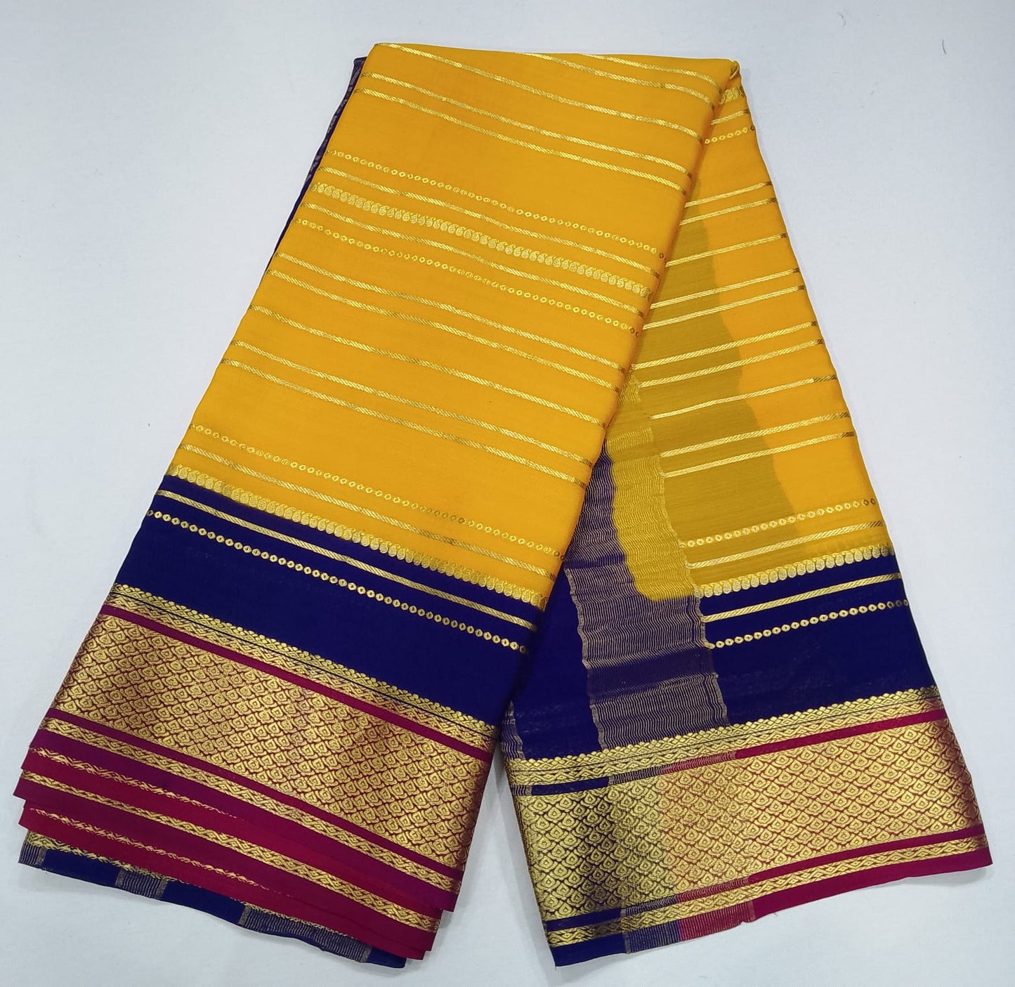 Pure Mysore Silk Saree in Mustard Yellow & Royal Blue