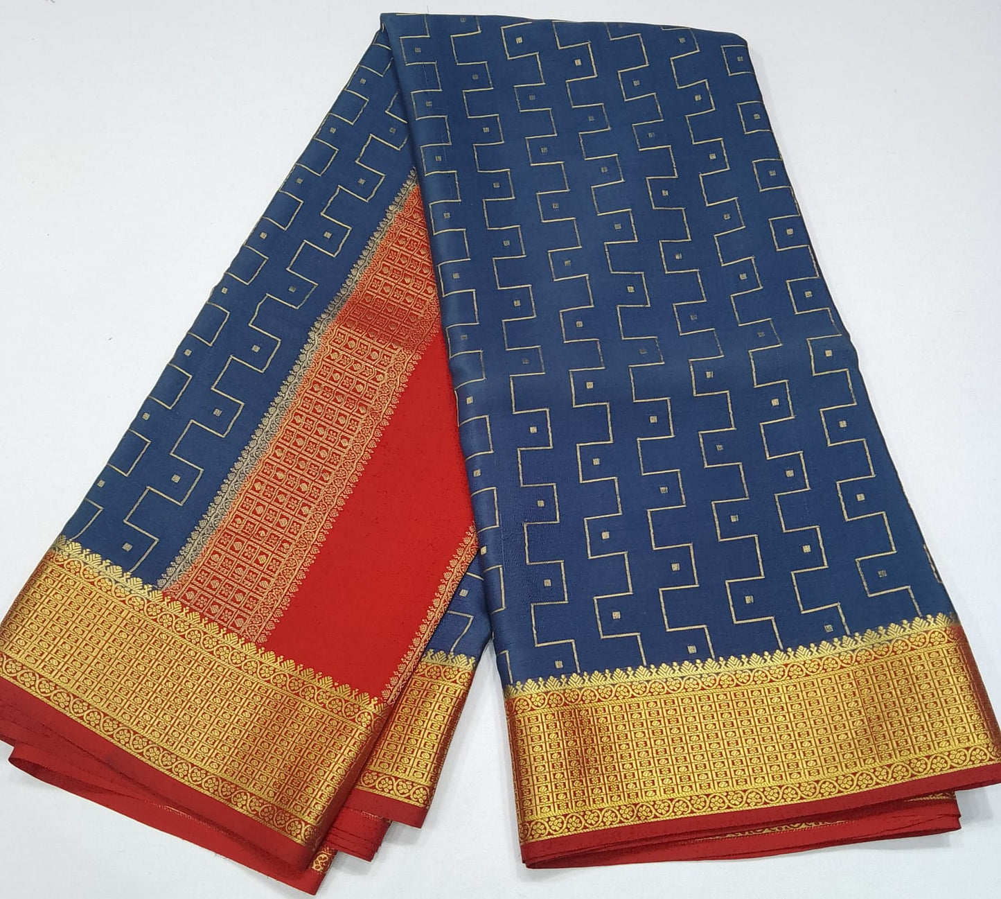 Pure Mysore Silk Saree in Slate Grey with Vermilion Red Pallu & Grand Gold Zari Border