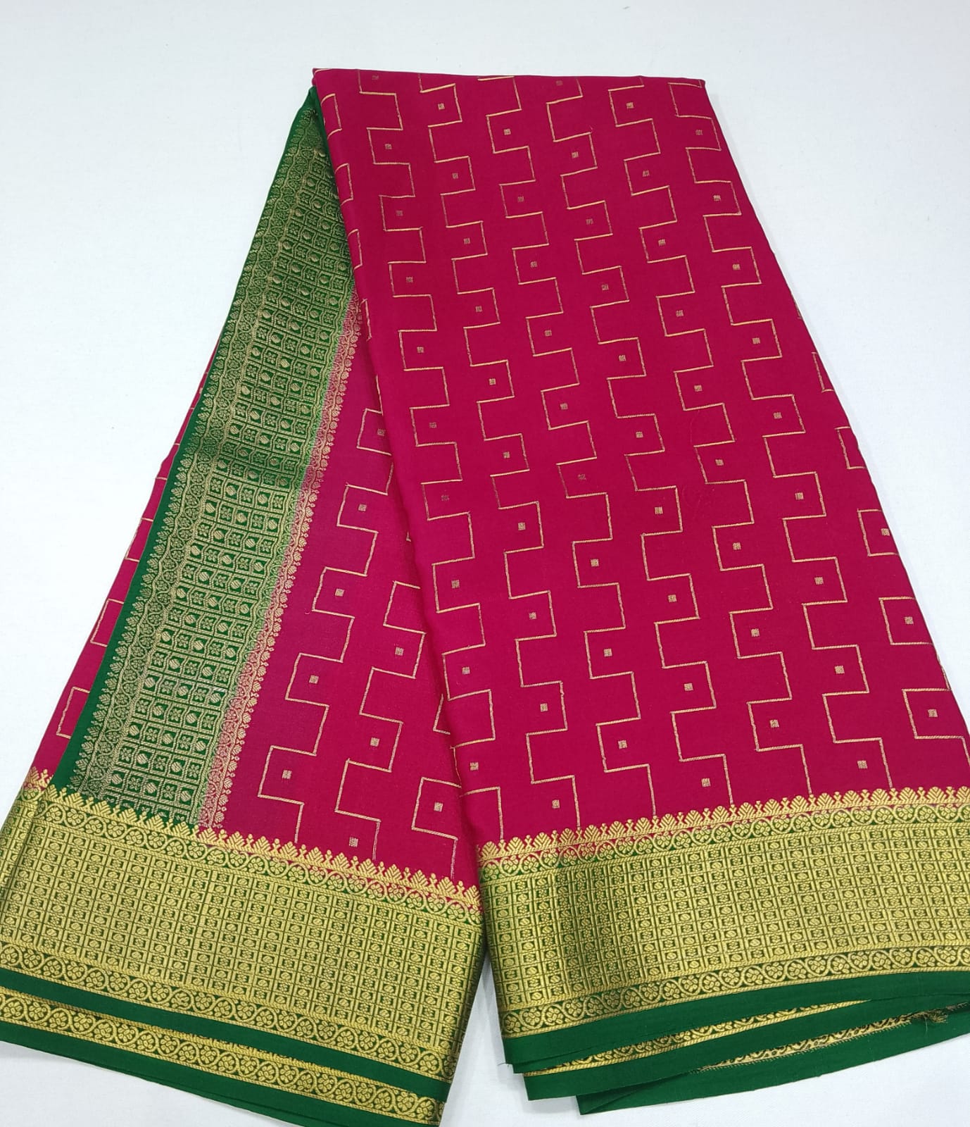 Pure Mysore Silk Saree Rani Pink with Emerald Green Pallu & Rich Gold Zari Border