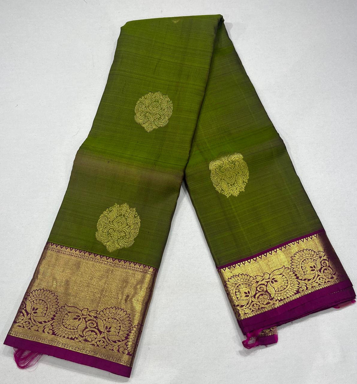 Pure Handloom Silk Kanjivaram Saree in Olive Green with Rich Magenta Zari Pallu