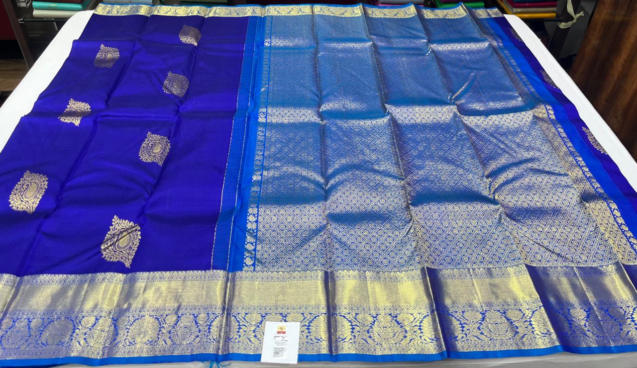 Royal Blue & Silver Blue Pure Handloom Silk Kanjivaram Saree