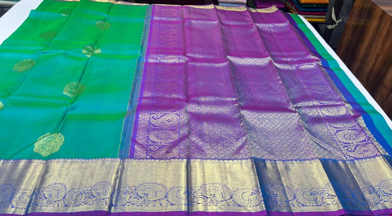 Dual Tone Saree – Emerald Green & Royal Violet with Rich Gold Zari Pallu
