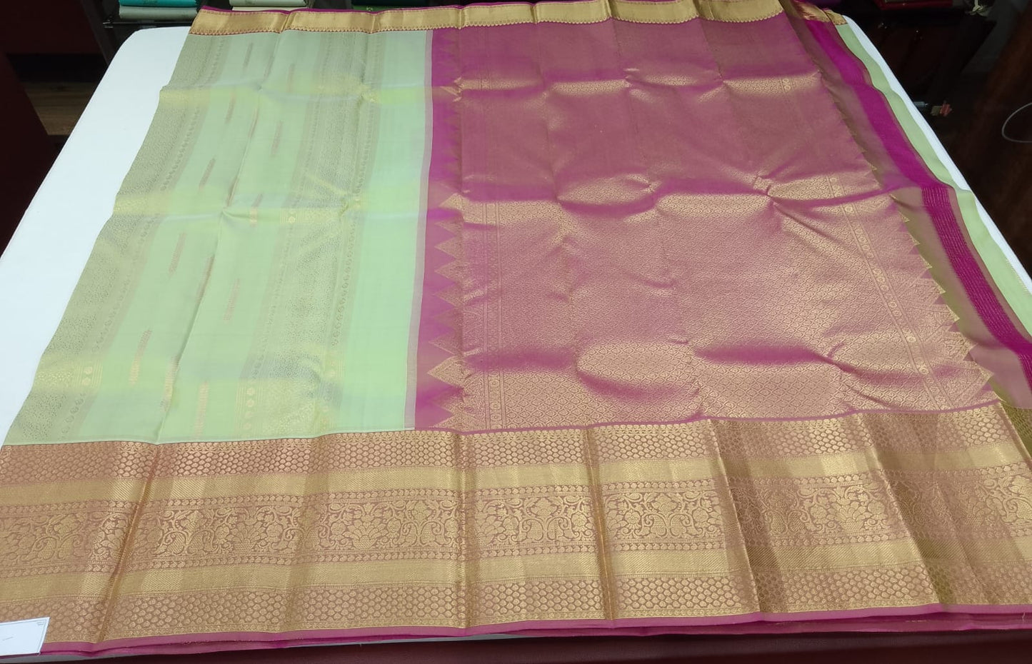 Kanjivaram Saree – Mint Green with Magenta Pink Rich Zari Pallu