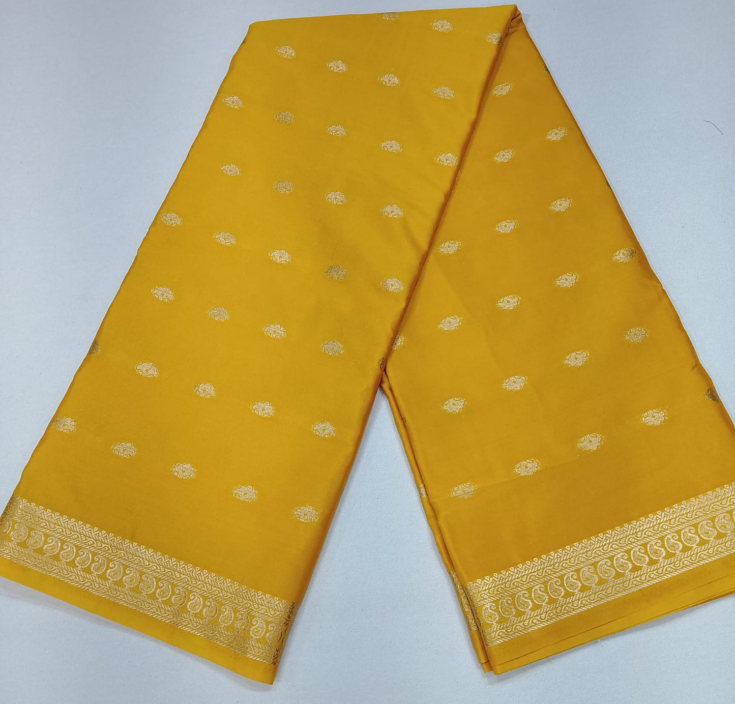 Radiant Lemon Yellow Semi Mysore Silk Saree with Silver Zari Buttas & Traditional Border