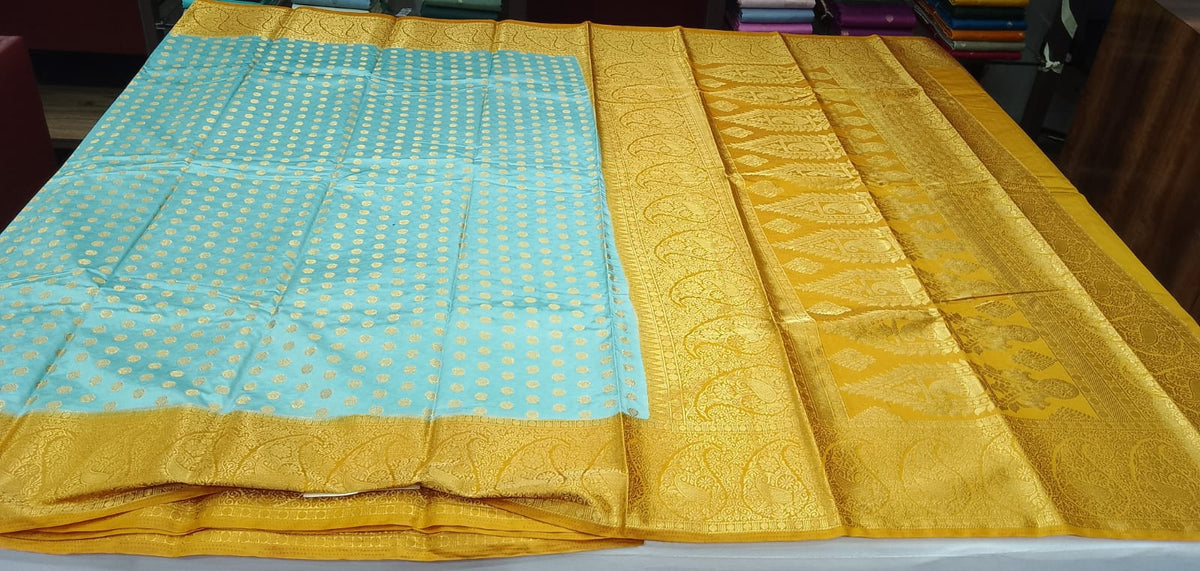 Semi Silk Butta Saree –Aqua Blue with Antique Gold Rich Zari Border & Grand Pallu