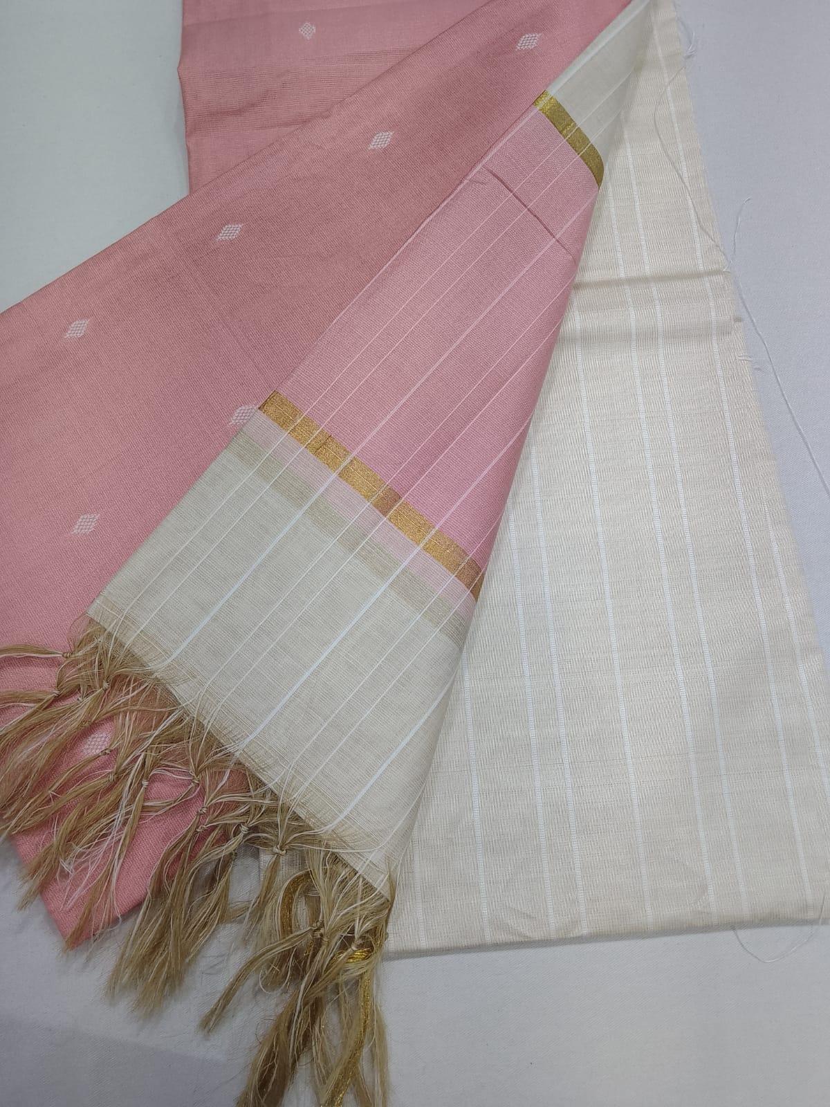 Premium Baby Pink Cotton Silk Unstitched Salwar Suit with Ivory Striped Dupatta