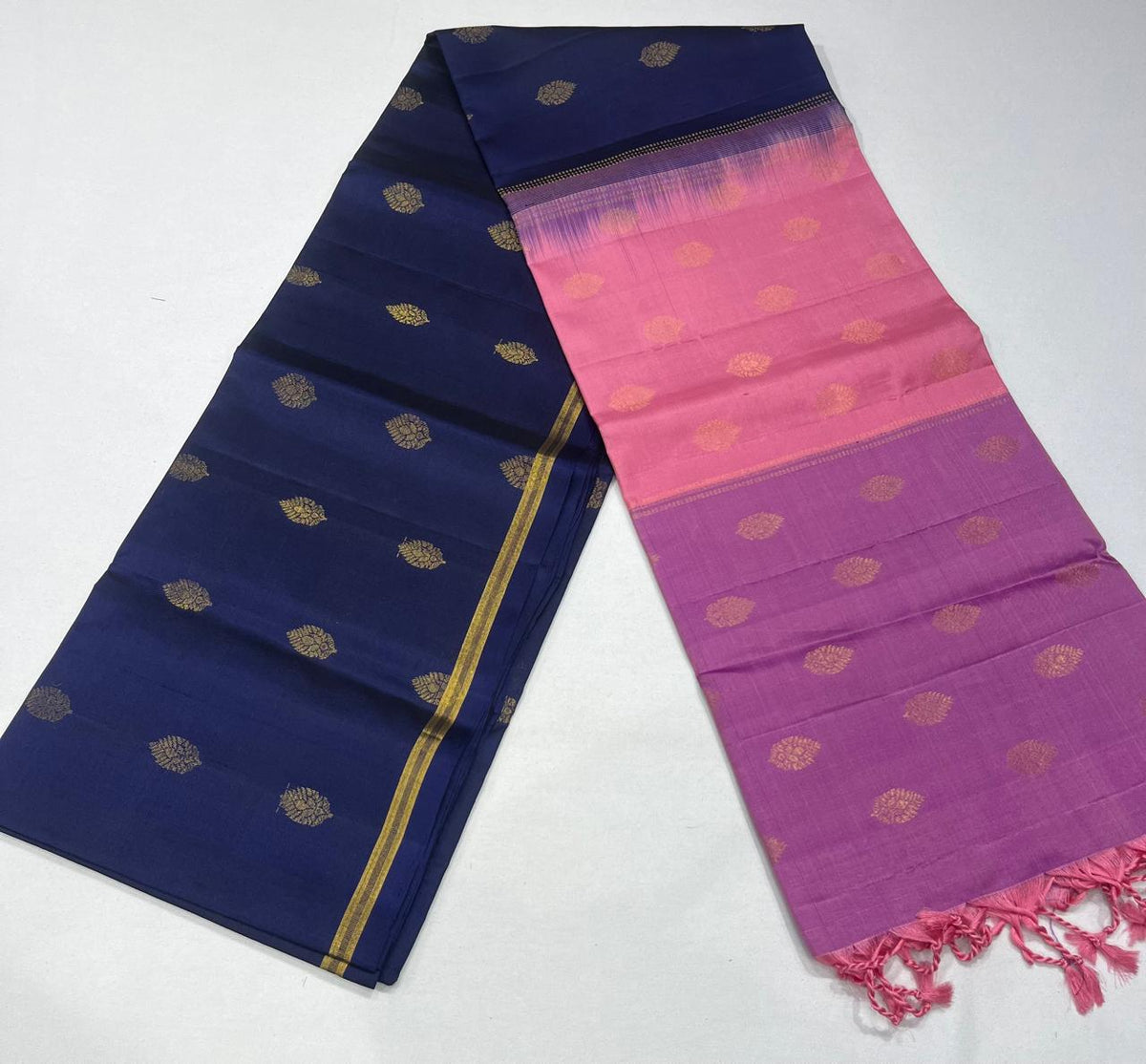 Pure Handloom Soft Silk Saree – Royal Navy Blue & Blossom Pink with Gold Zari Buttas