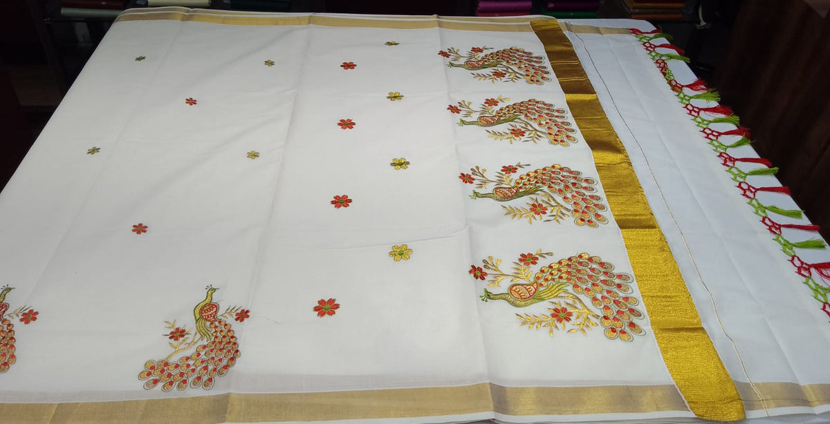 Elegant Kerala Cotton Saree with Peacock Motif & Golden Kasavu Border