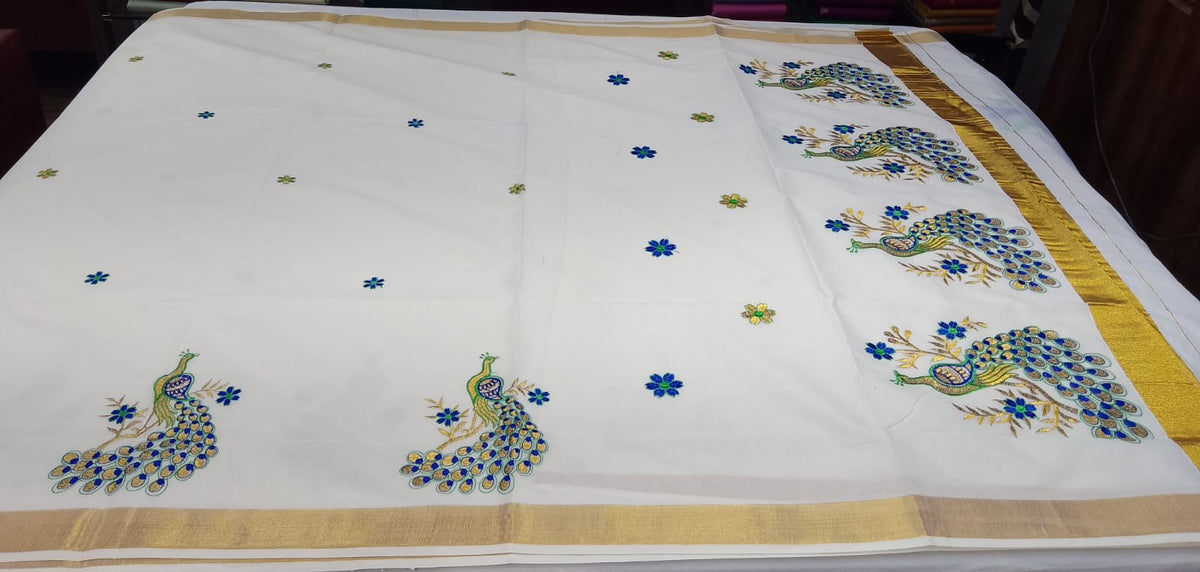 Elegant Kerala Cotton Saree with Royal Peacock Embroidery & Golden Kasavu Border