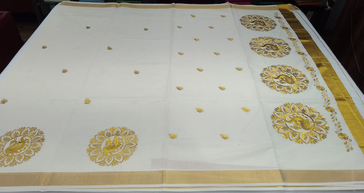 Kerala Cotton Saree with Golden Swan Mandala Motif & Temple Gold Border