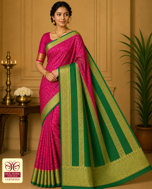Pure Mysore Silk Saree – Rani Pink with Emerald Green Pallu & Rich Gold Zari Border