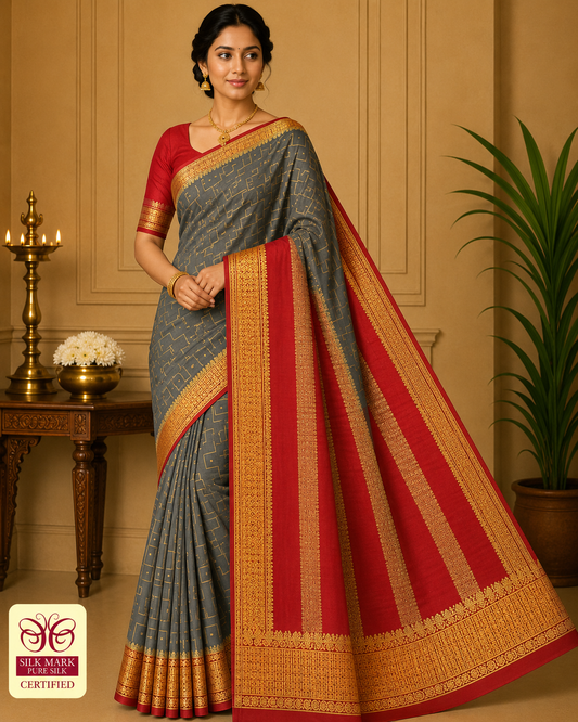 Pure Mysore Silk Saree in Slate Grey with Vermilion Red Pallu & Grand Gold Zari Border