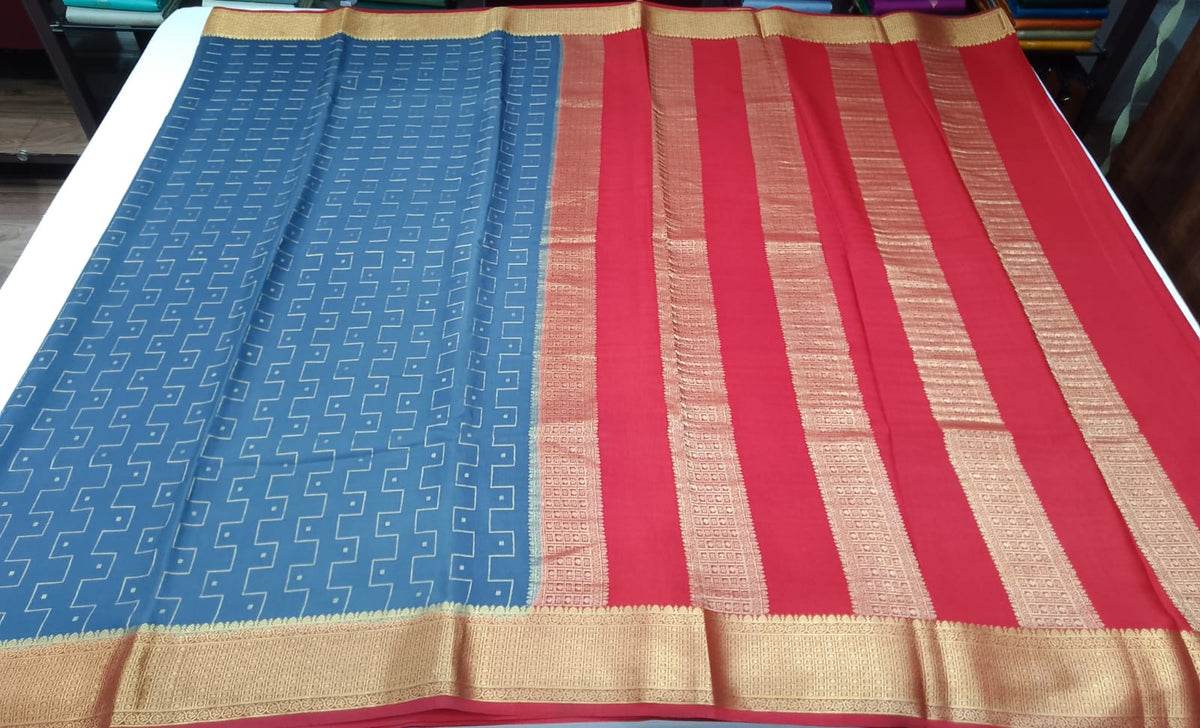 Pure Mysore Silk Saree in Slate Grey with Vermilion Red Pallu & Grand Gold Zari Border