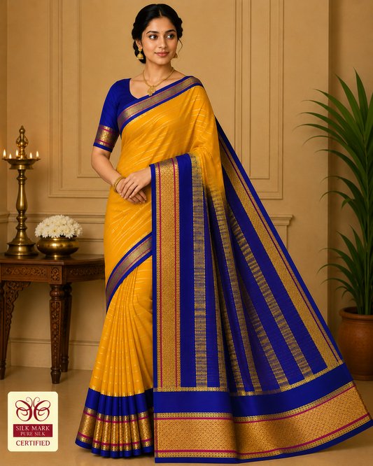 Pure Mysore Silk Saree in Mustard Yellow & Royal Blue