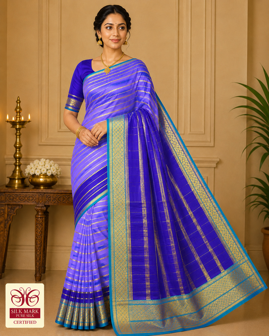 Pure Mysore Silk Saree in Royal Violet & Aqua Blue with Gold Zari Stripes