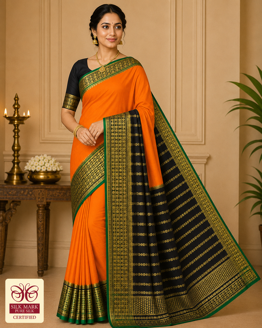 Pure Mysore Silk Saree in Mango Orange & Midnight Black with Rich Zari Border
