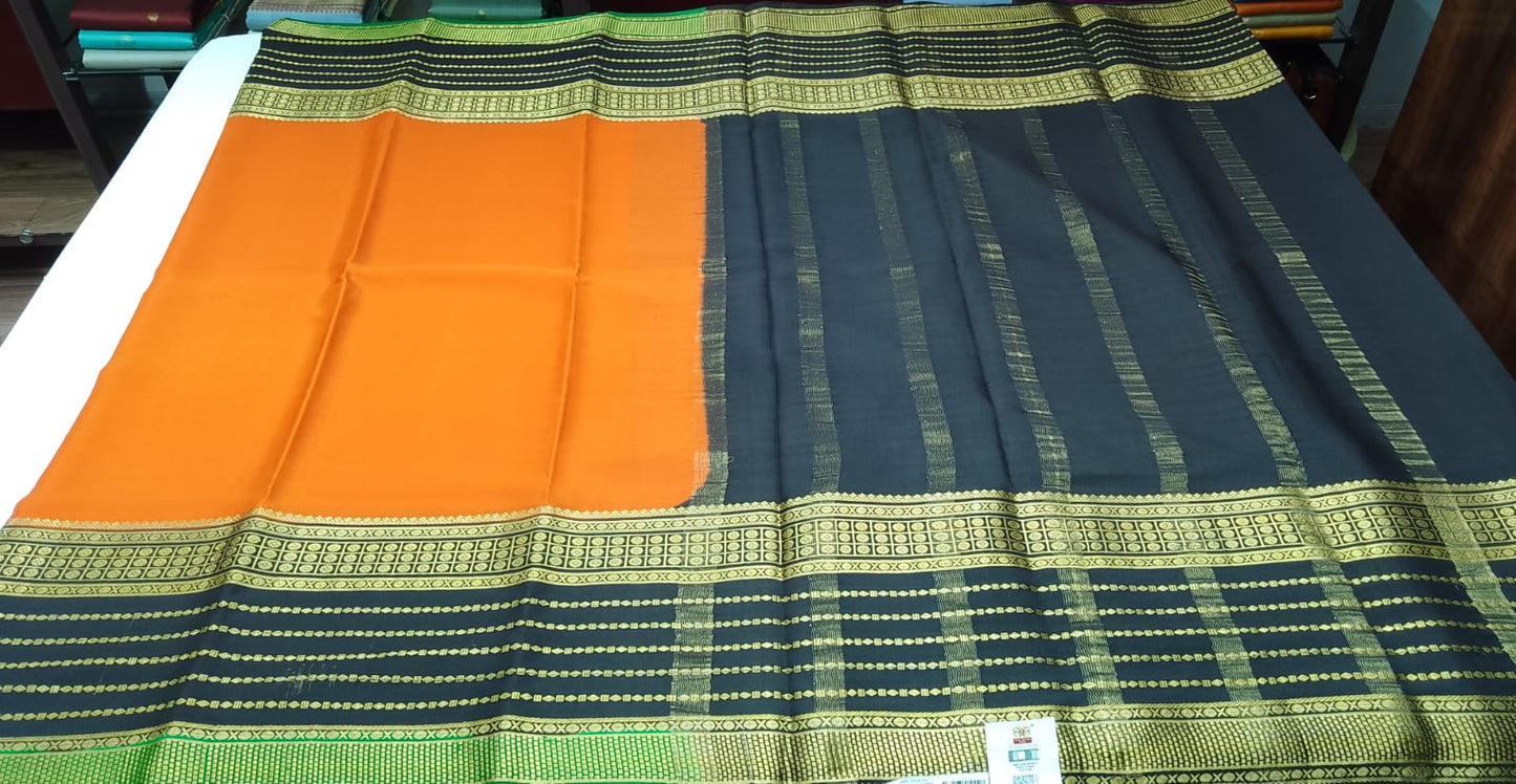 Pure Mysore Silk Saree in Mango Orange & Midnight Black with Rich Zari Border
