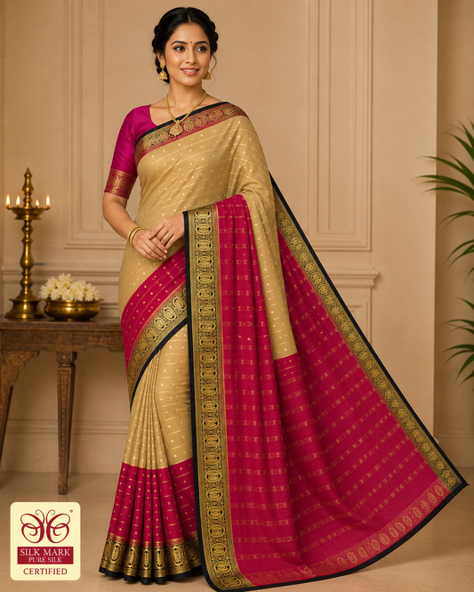 Pure Mysore Silk Saree in Champagne Gold & Deep Rose Pink with Zari Buttas
