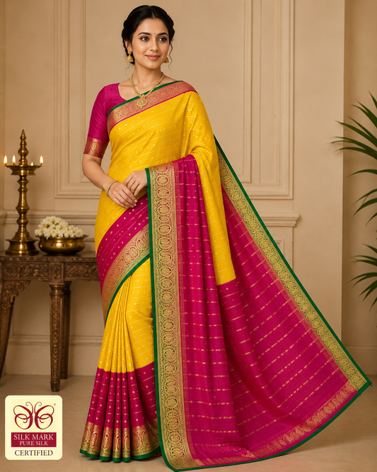 Pure Mysore Silk Saree in Golden Yellow & Rani Pink with Zari Buttas