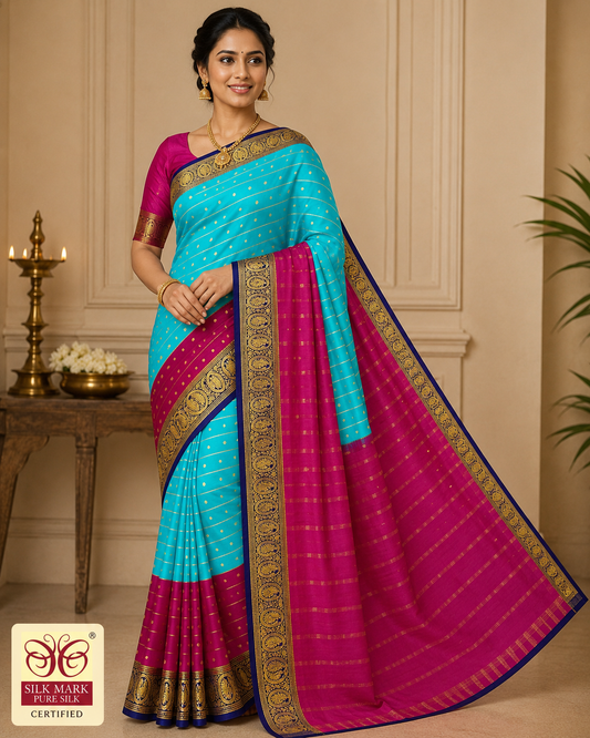 Pure Mysore Silk Saree in Aqua Blue & Rani Pink with Zari Buttas
