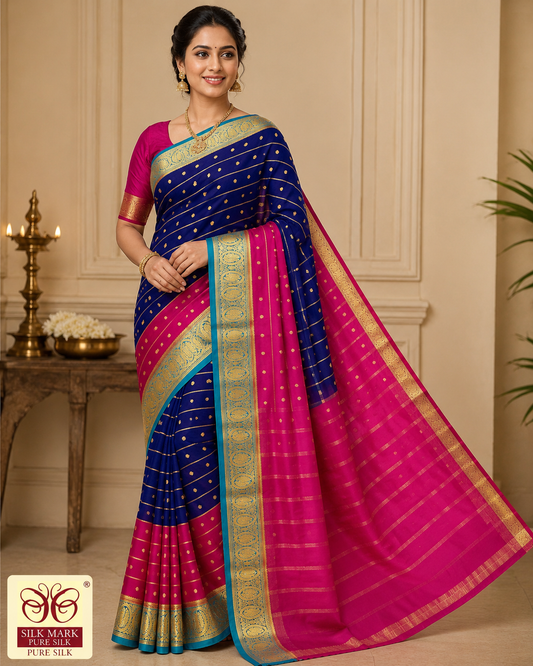 Pure Mysore Silk Saree in Royal Blue & Rani Pink with Zari Buttas