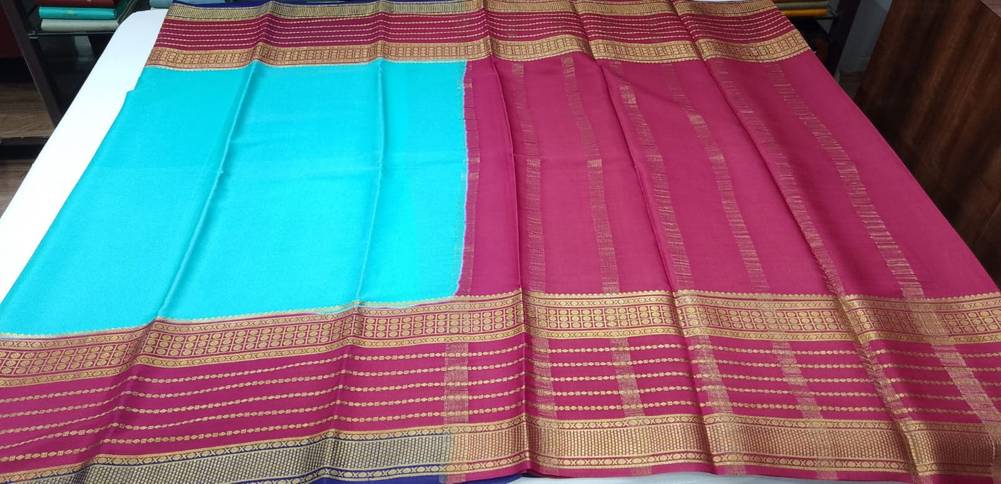 Pure Mysore Silk Saree in Aqua Blue & Rose Pink with Traditional Zari Border