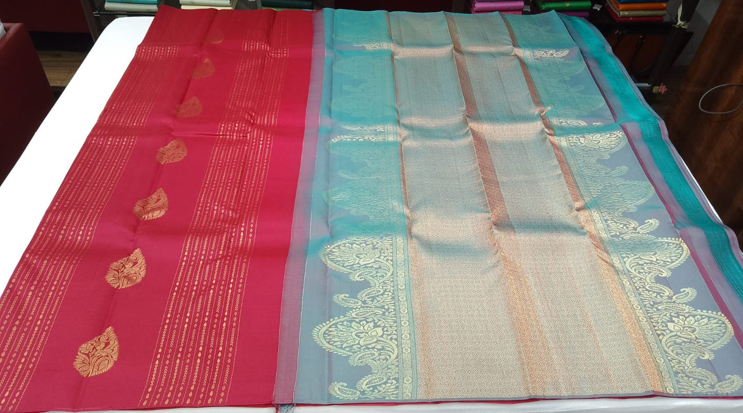 Kanjivaram Borderless Saree – Rani Pink & Aqua Blue with Elegant Zari