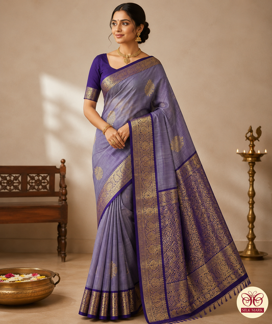 Dual Tone Saree – Lavender Grey & Royal Purple with Rich Zari Pallu