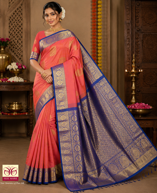 Dual Tone Saree in Coral Peach & Royal Blue with Rich Zari Pallu