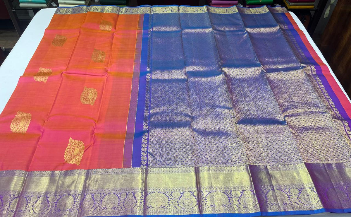 Dual Tone Saree in Coral Peach & Royal Blue with Rich Zari Pallu