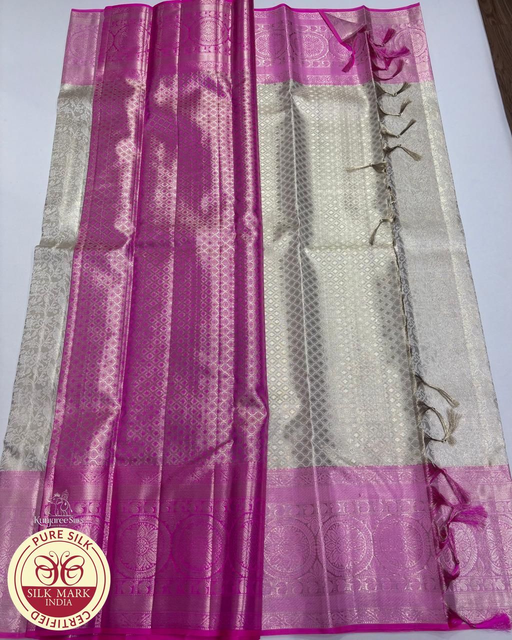 Pure Handloom Brocade Kanjivaram Silk Saree in Silver White & Lotus Pink
