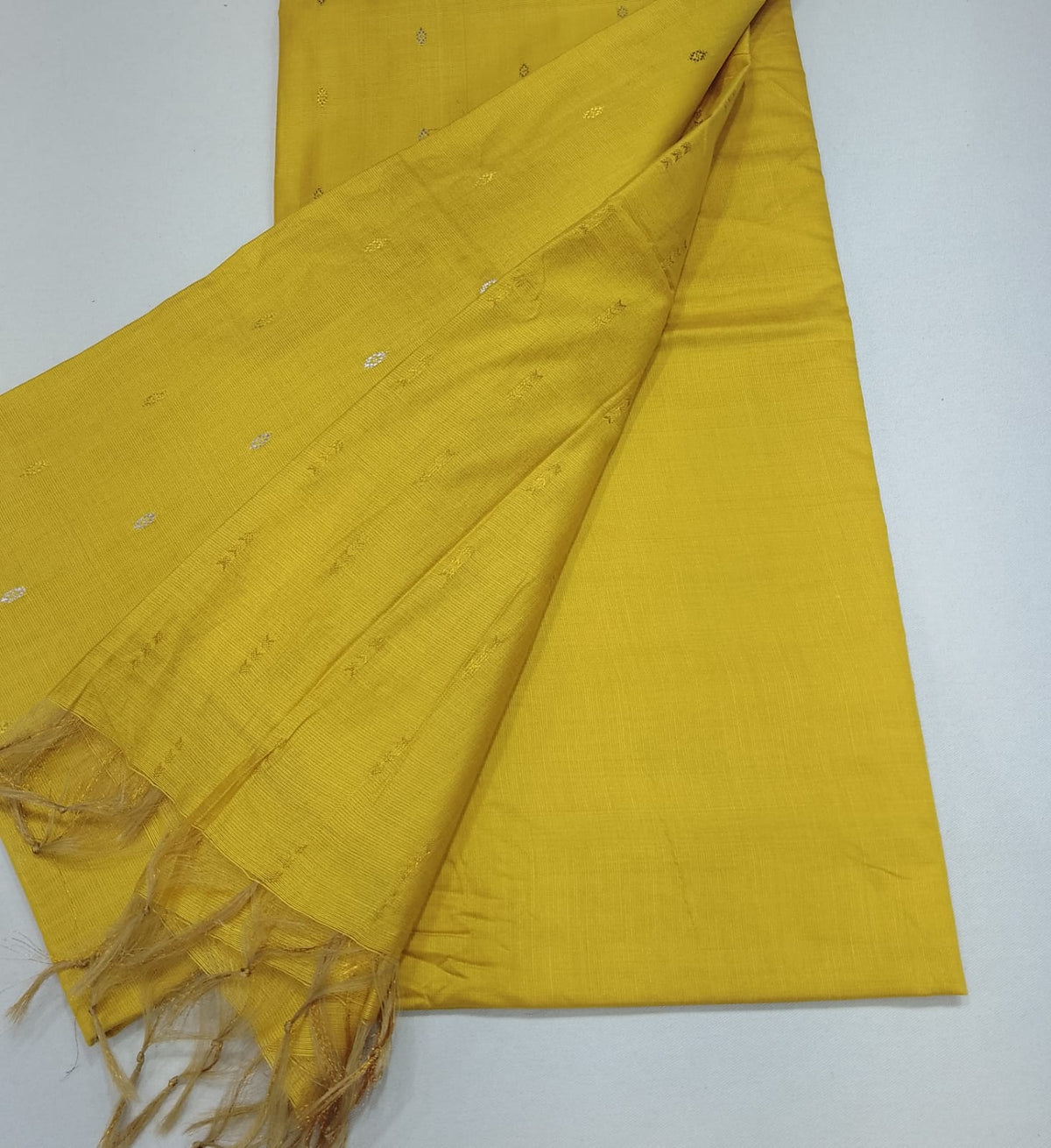 Mustard Yellow Cotton Silk Unstitched Salwar Suit with Elegant Woven Dupatta