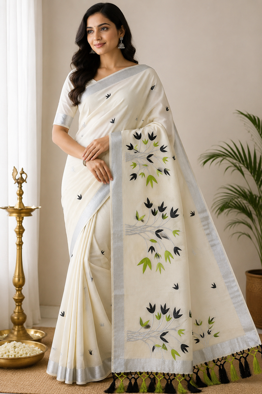 Off-White Kerala Cotton Saree with Black & Parrot Green Floral and Silver Kasavu Border