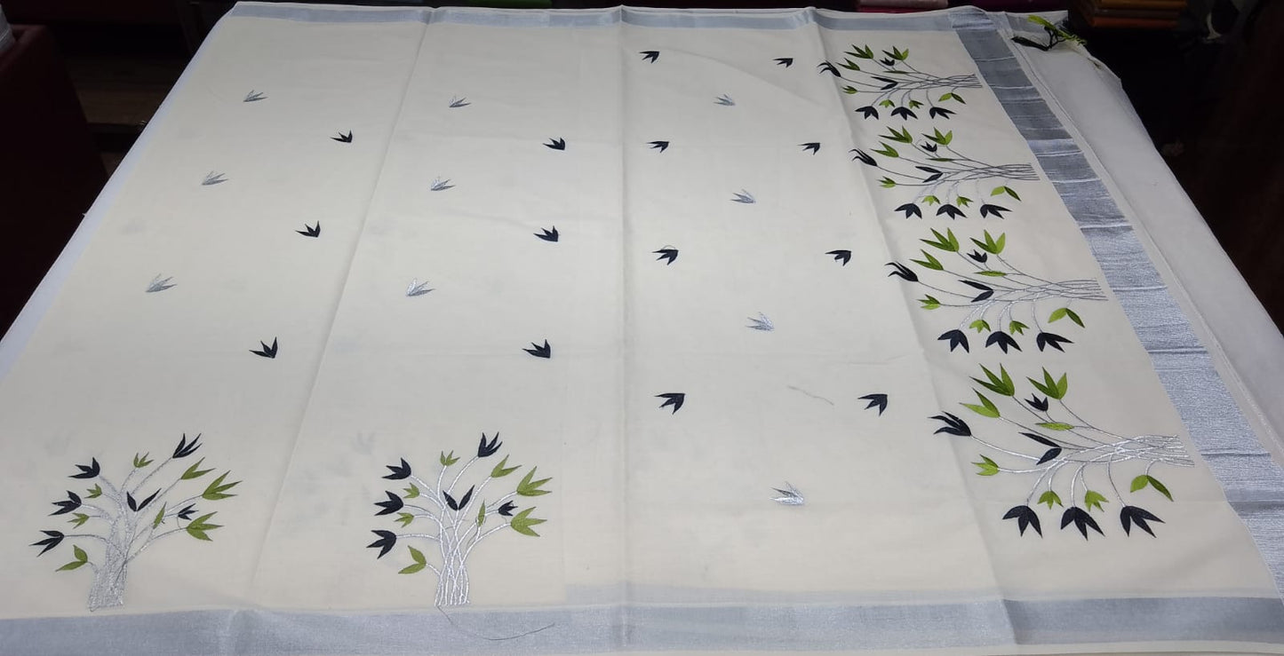 Off-White Kerala Cotton Saree with Black & Parrot Green Floral and Silver Kasavu Border