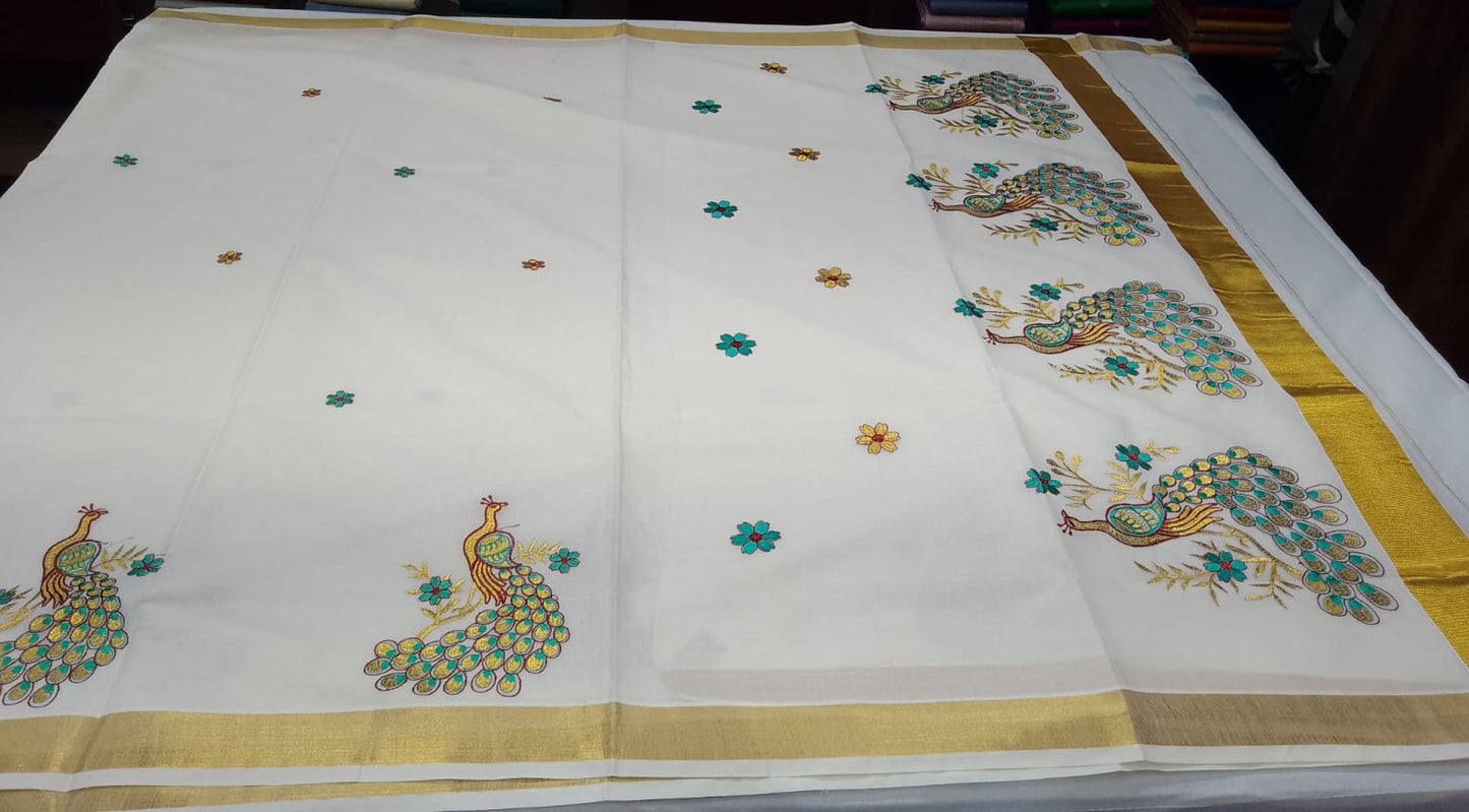 Off-White Kerala Cotton Saree with Peacock Embroidery and Golden Kasavu Border