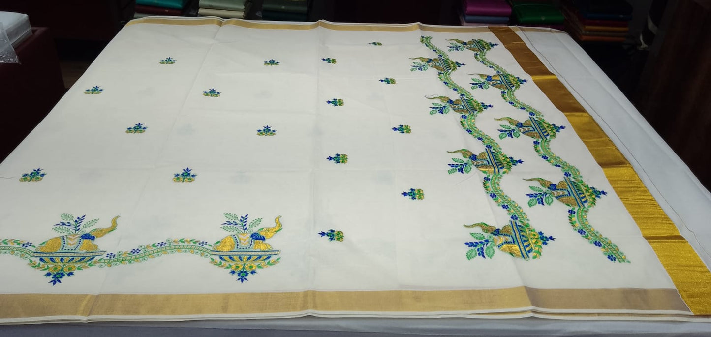 Off-White Kerala Cotton Saree with Traditional Elephant Pot Motif and Golden Kasavu Border