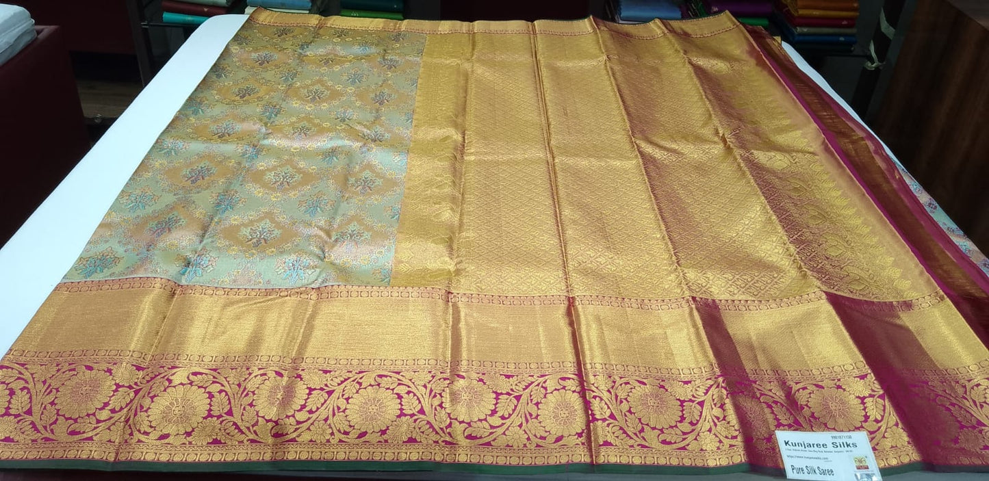 Pure Handloom Kanjivaram Silk Bridal Saree – Antique Gold with Multicolour Floral Brocade & Magenta Zari Border