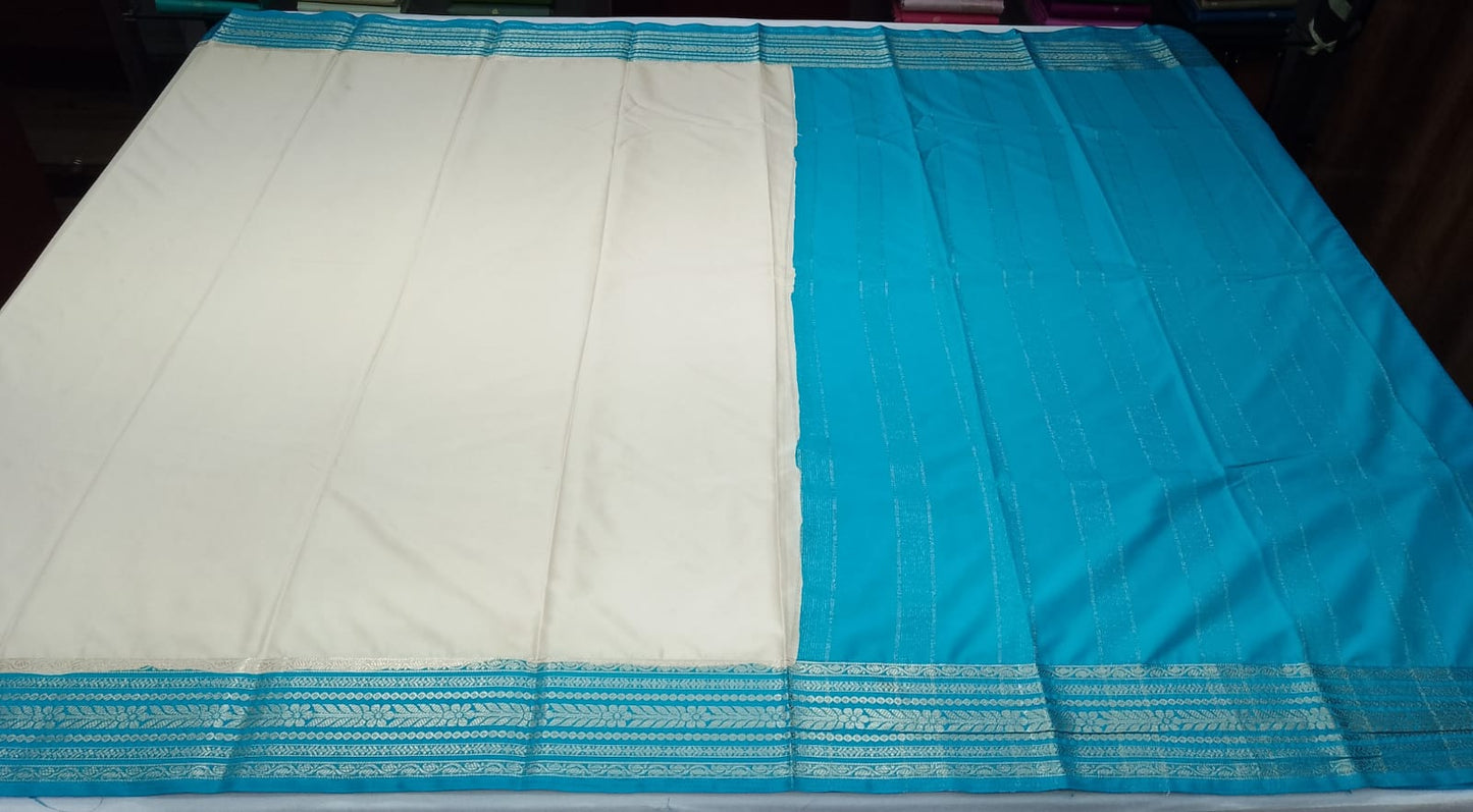 Ivory Cream & Turquoise Blue Mysore Semi Silk Saree with Antique Gold Zari