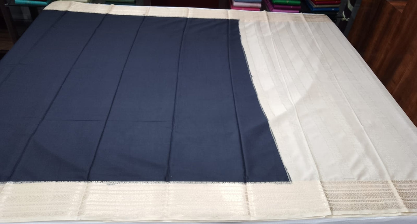 Black & Ivory Mysore Semi Silk Saree with Antique Gold Zari