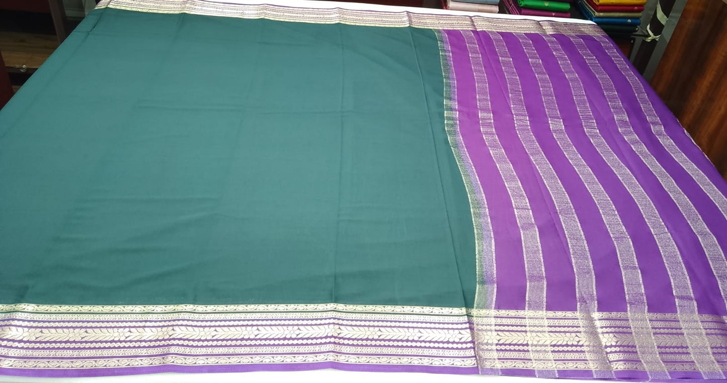 Mysore Silk -Bottle Green & Royal Purple Mysore Semi Silk Saree with Antique Gold Zari