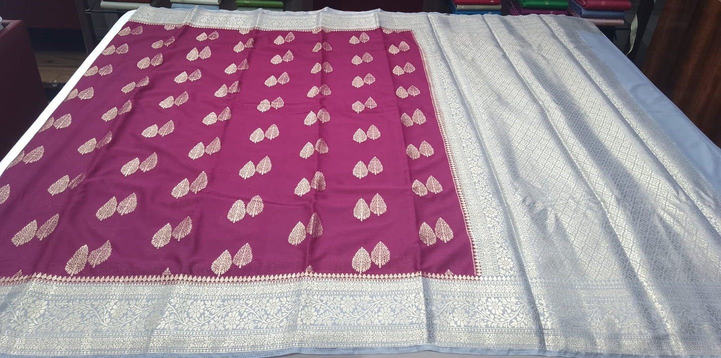 Mysore silk -Wine Maroon & Silver Grey Mysore Semi Silk Saree with Leaf Butta Zari