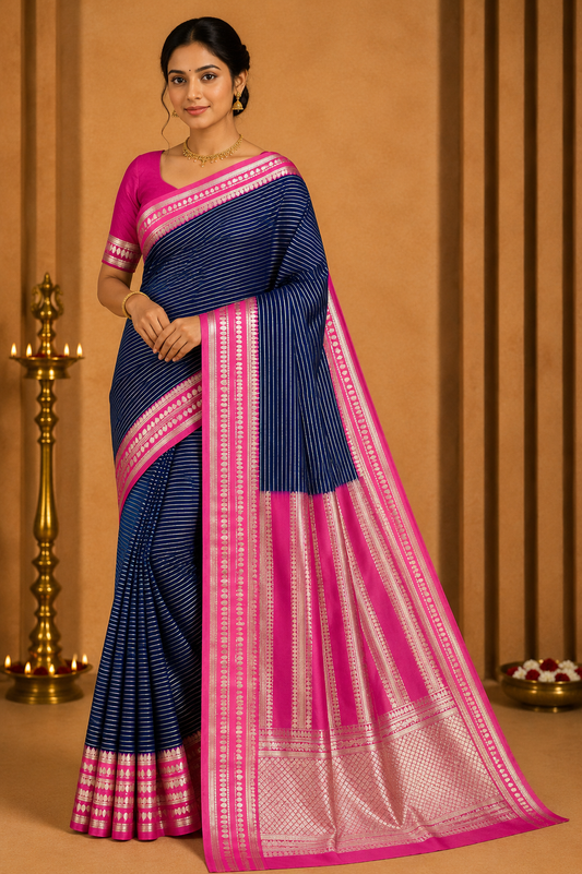 Mysore Silk -Navy Blue & Magenta Pink Mysore Semi Silk Saree with Silver Zari