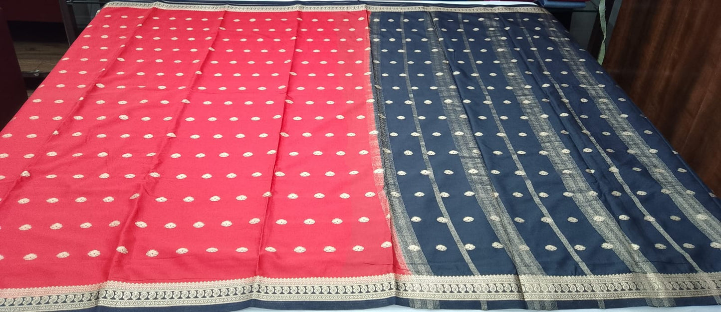 Mysore Silk - Coral Red & Black Mysore Semi Silk Saree with Gold Zari Butta & Traditional Border