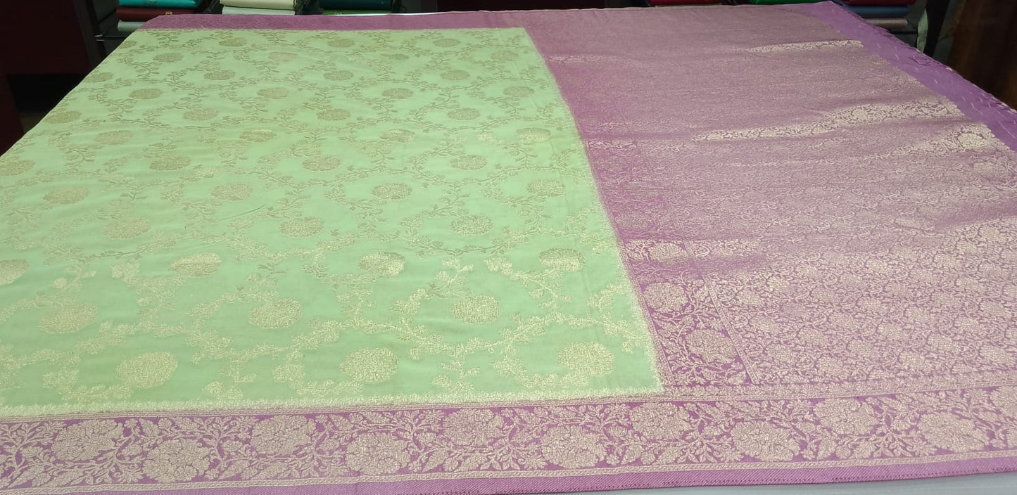 Pistachio Green & Mauve Plum Georgette Chinnon Saree with Antique Gold Zari