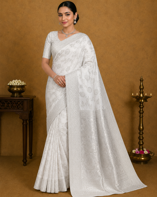 Pearl White Silver Zari Floral Georgette Chinnon Saree
