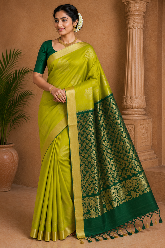 Pure Handloom Soft Silk Saree with Rich Gold Zari Pallu – Lime Green & Bottle Green
