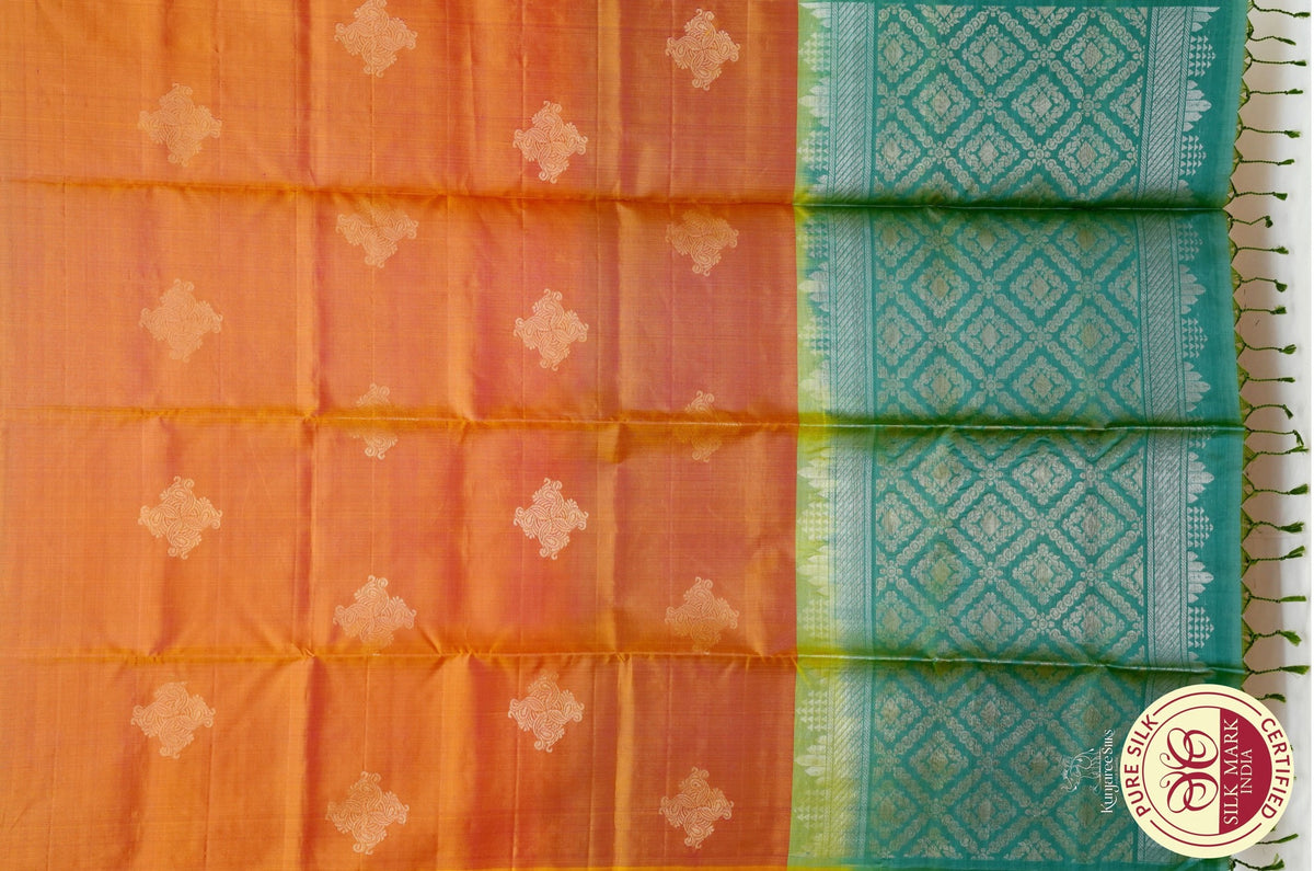 Pure Handloom Dual Tone Borderless - Sunset Orange with pink & Sea Green