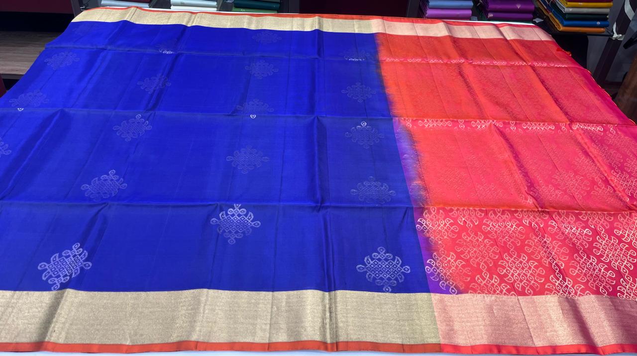 Pure Handloom Soft Silk Saree – Royal Blue & Coral Orange with Plain Gold Zari Border